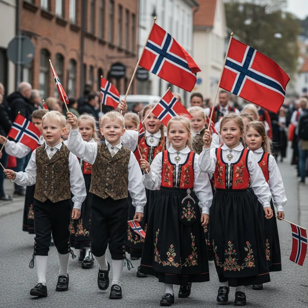 Kinder in norwegischen Trachten mit Flaggen beim 17.-Mai-Umzug