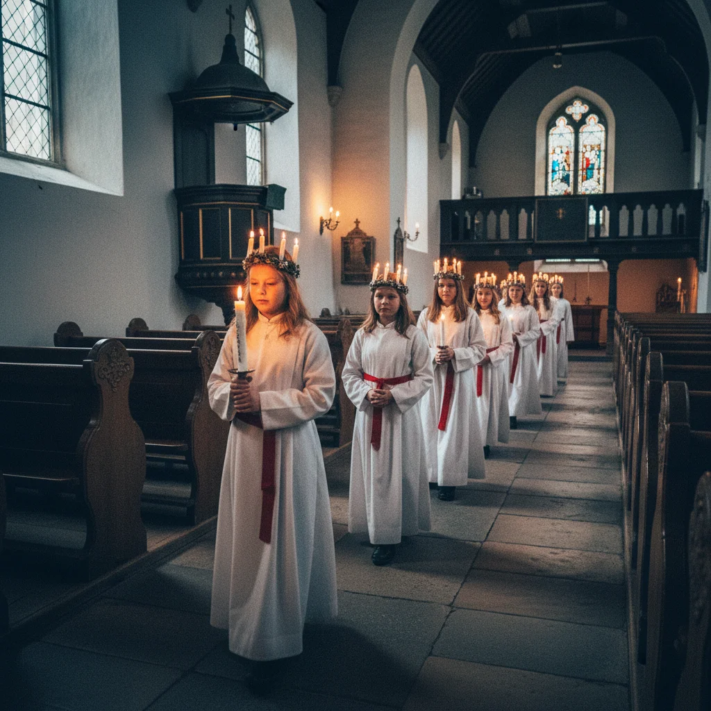 Lucia-Prozession in einer schwedischen Kirche mit Mädchen in weißen Kleidern und Kerzenkronen