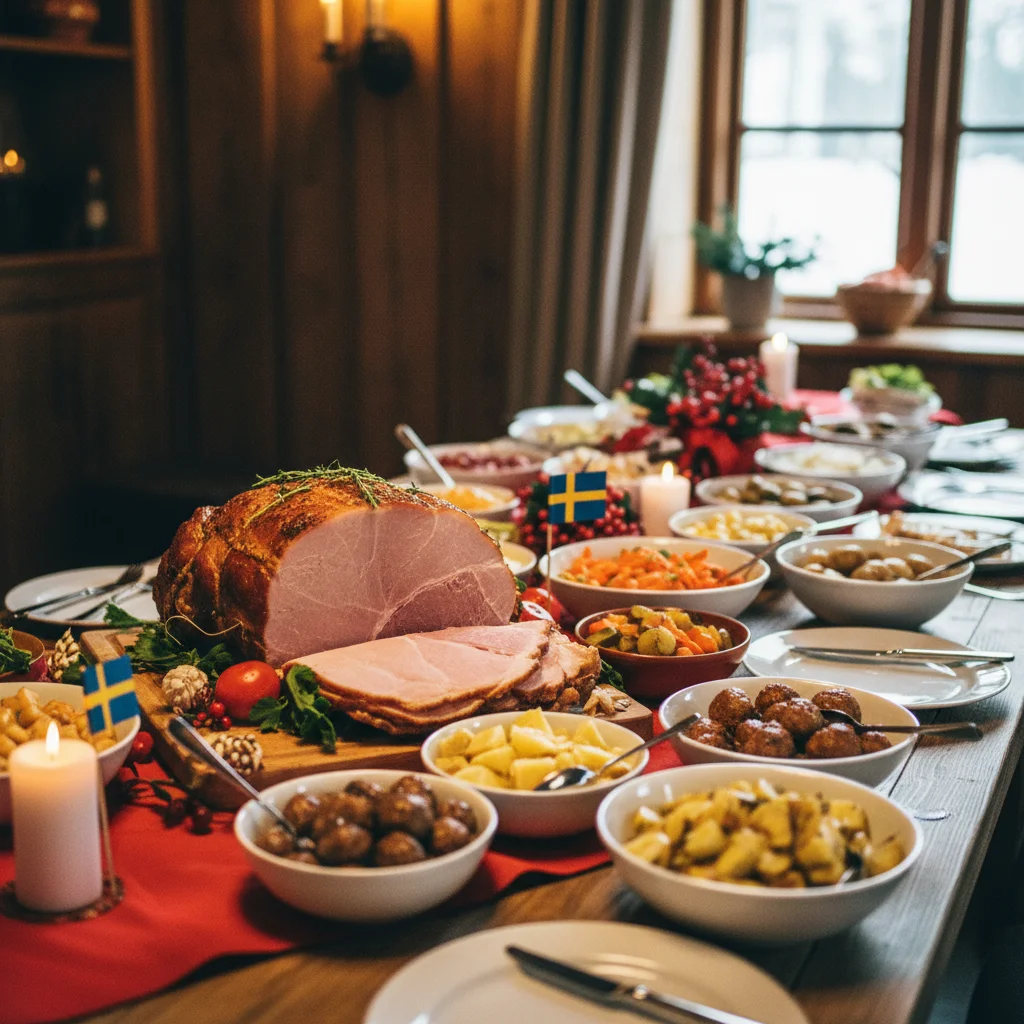 Schwedisches Julbord mit Weihnachtsschinken und roter Dekoration