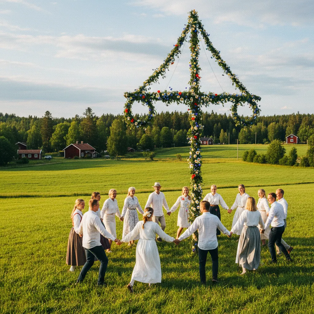 Blumengeschmückte Mittsommerstange auf einer grünen Wiese in Schweden mit Menschen, die darum tanzen