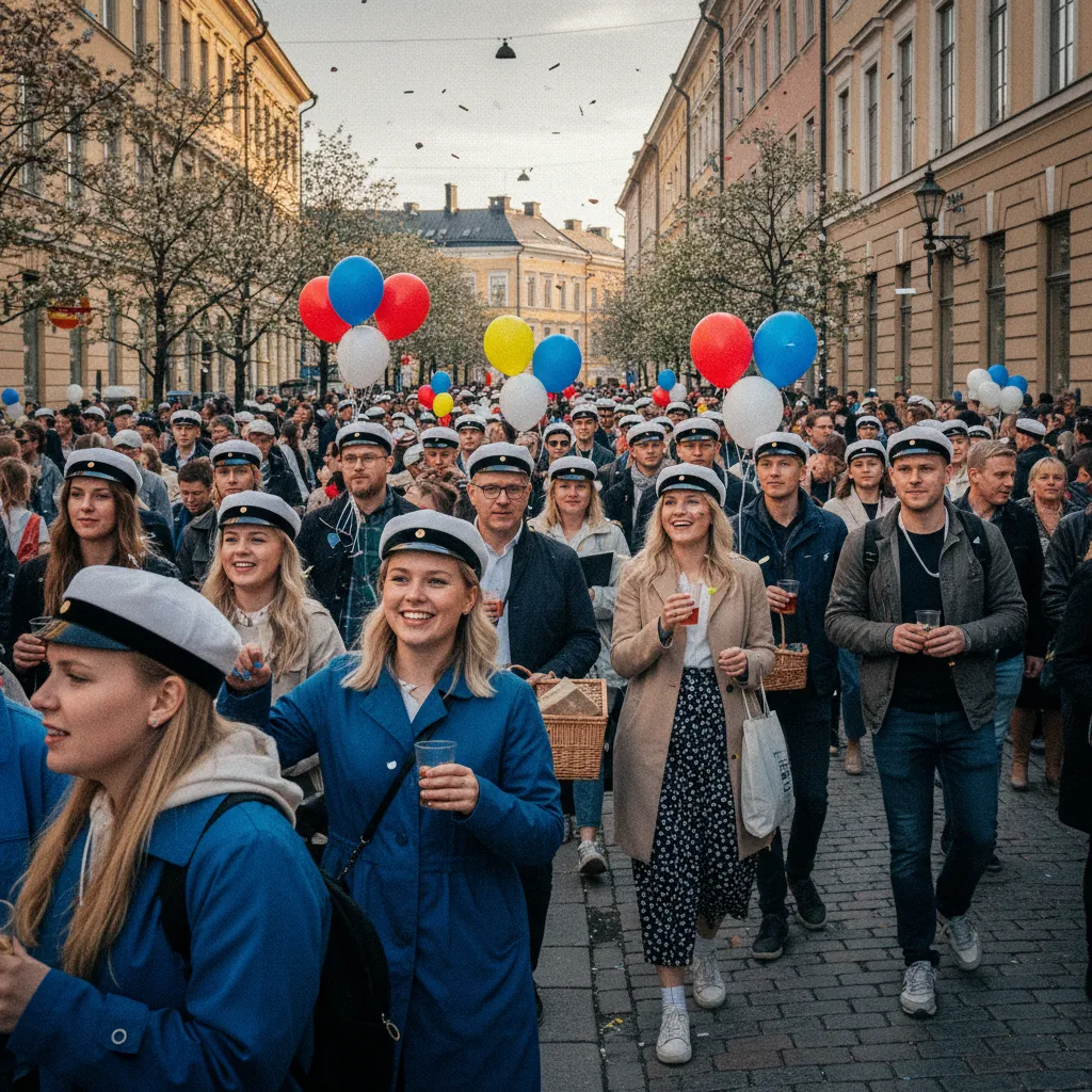 Menschenmenge beim Vappu-Fest in Helsinki mit weißen Studentenmützen und Luftballons