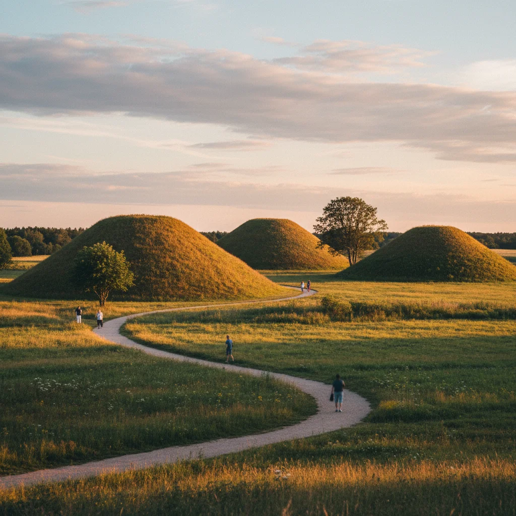 Die drei Königshügel von Gamla Uppsala in Schweden bei Sonnenuntergang