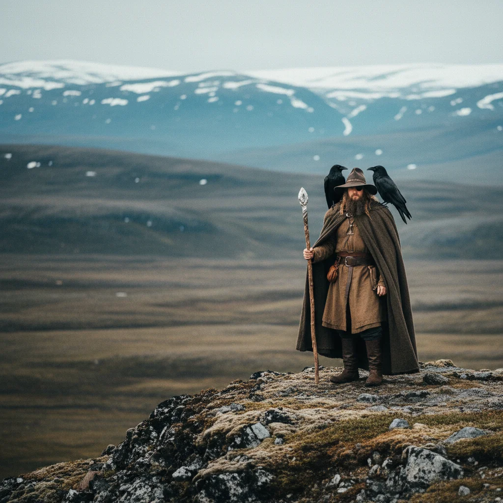 Darstellung von Odin mit seinen zwei Raben Huginn und Muninn