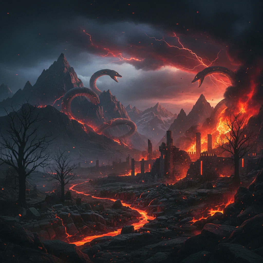 Dramatische Darstellung von Ragnarök mit Flammen und dunklem Himmel