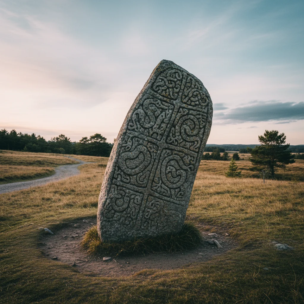 Alter Runenstein mit Schnitzereien nordischer Motive in einer schwedischen Landschaft