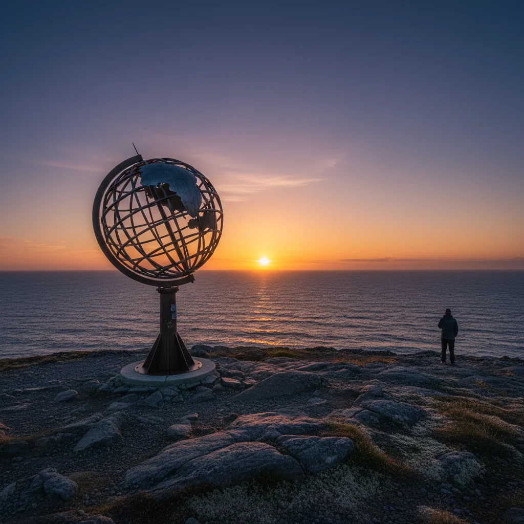 Die Weltkugel-Skulptur am Nordkap bei Mitternachtssonne mit endlosem Meerblick