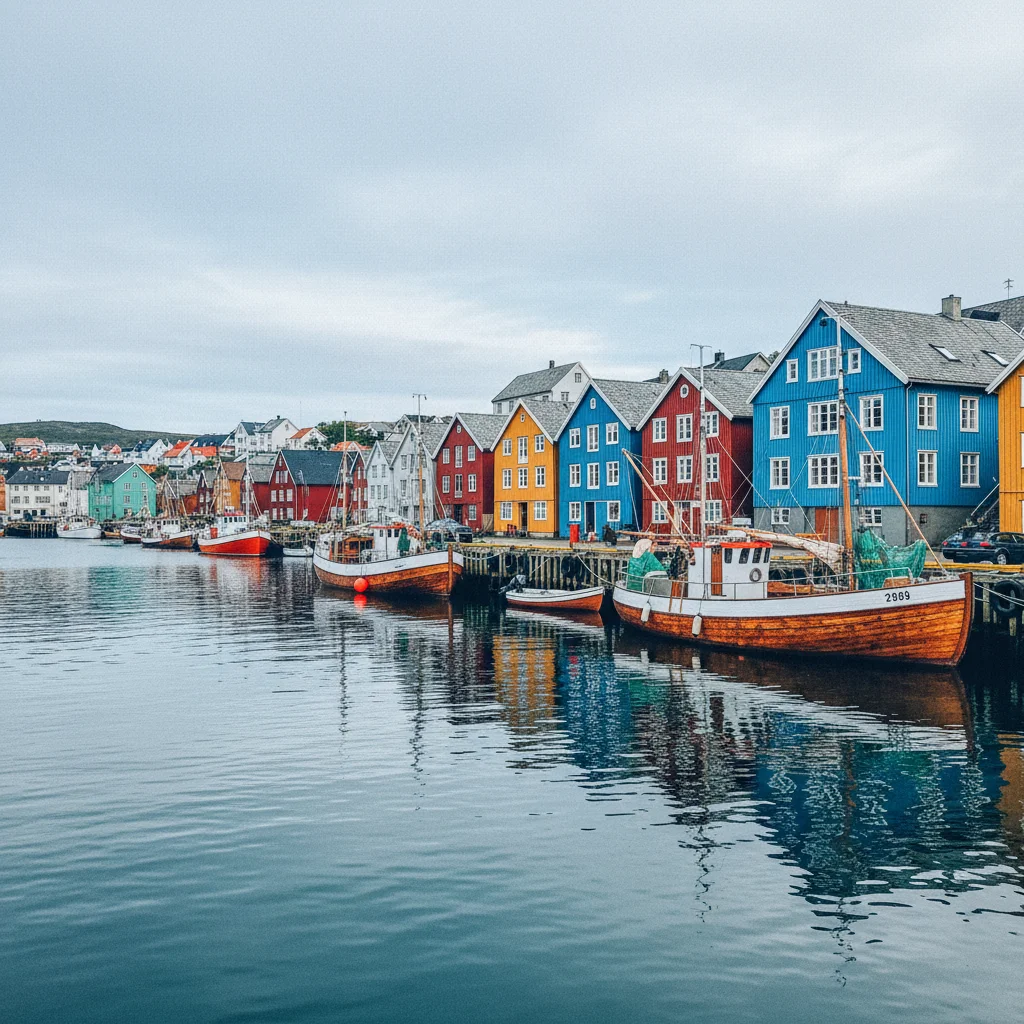 Der Hafen von Honningsvåg mit bunten Häusern und Fischerbooten