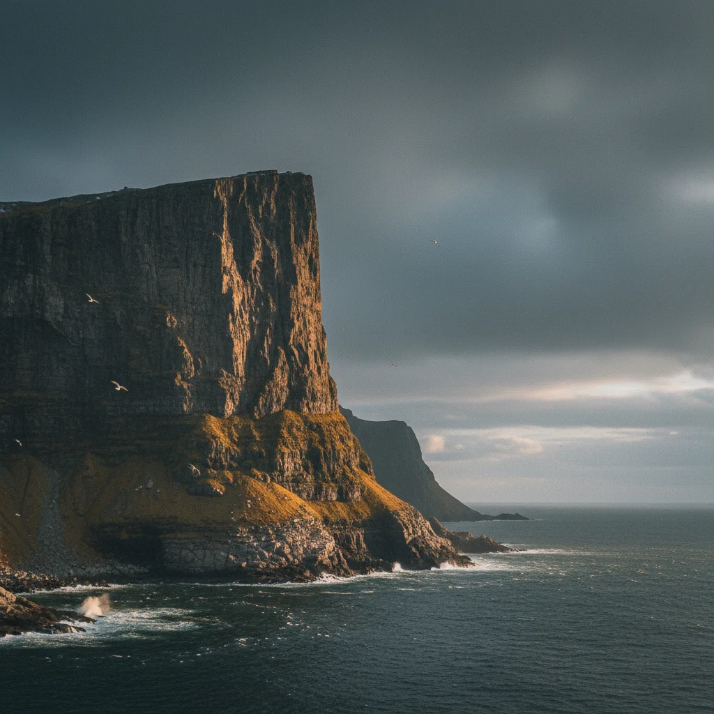 Die steile Nordkap-Klippe ragt über die Barentssee bei dramatischem Licht