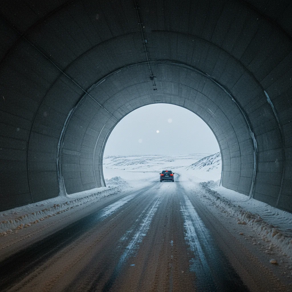 Einfahrt in den Nordkapptunnel im Winter