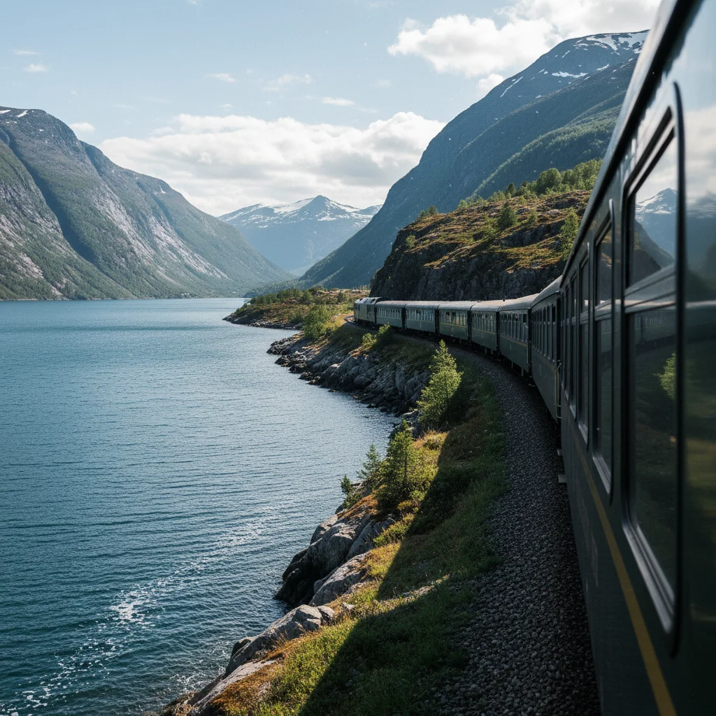 Nordlandsbahn fährt entlang eines nordnorwegischen Fjords im Sommer