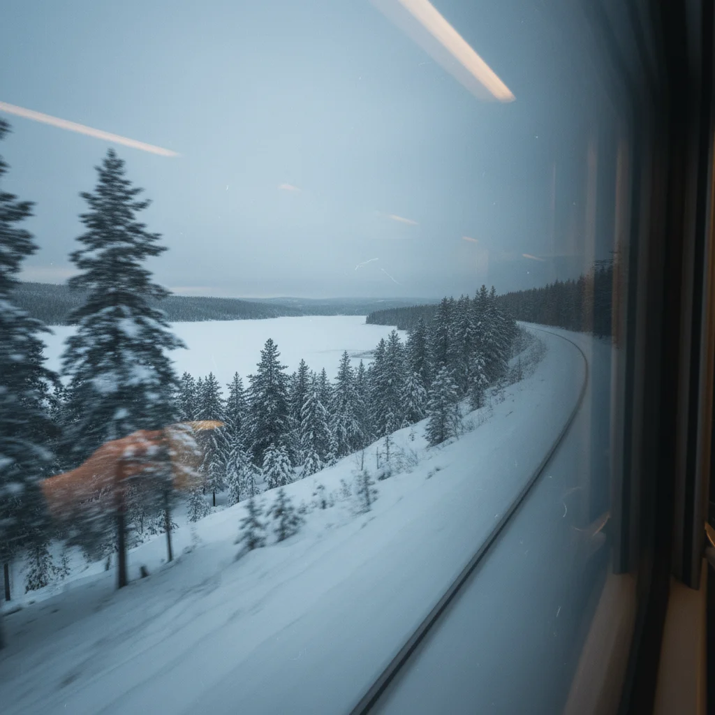 Nordlandsbahn fährt durch verschneite Winterlandschaft nördlich des Polarkreises