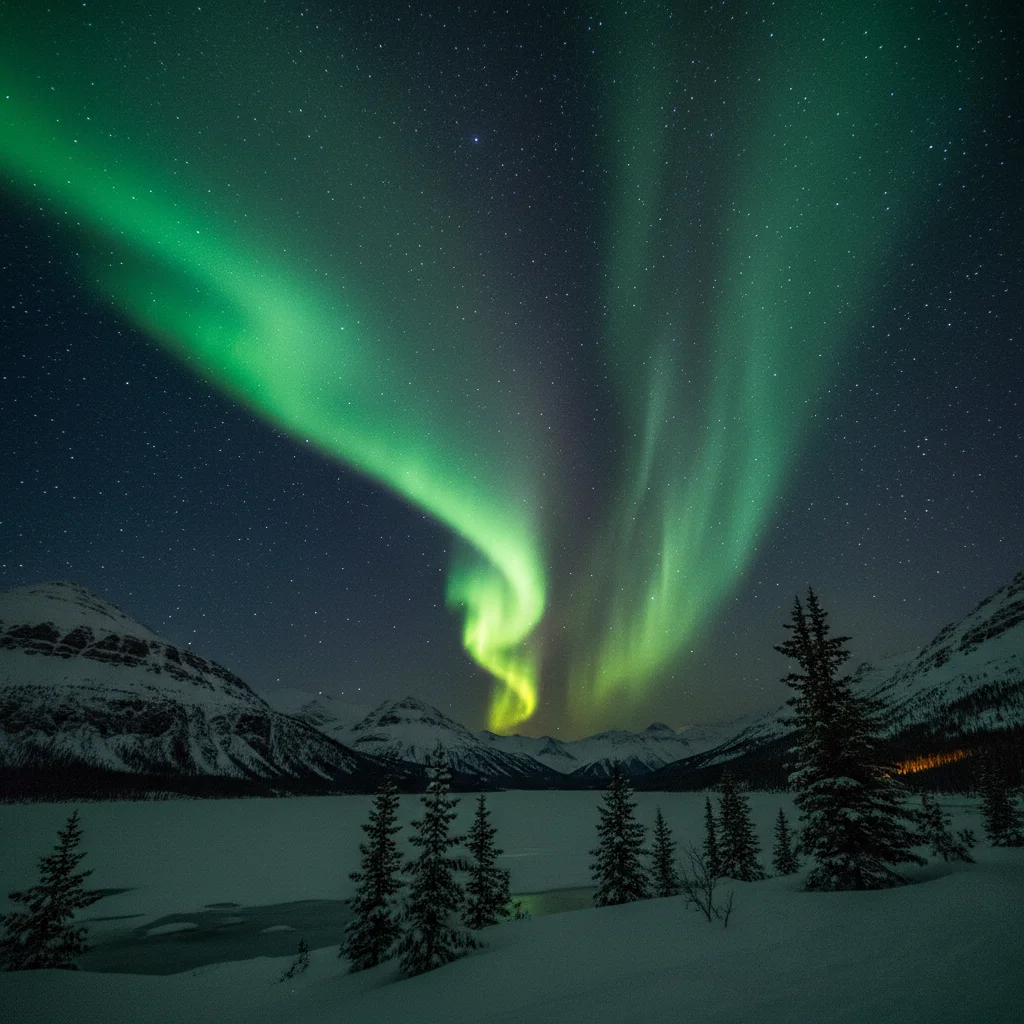 Kräftige grüne Nordlichter am Himmel über Abisko mit Sternen