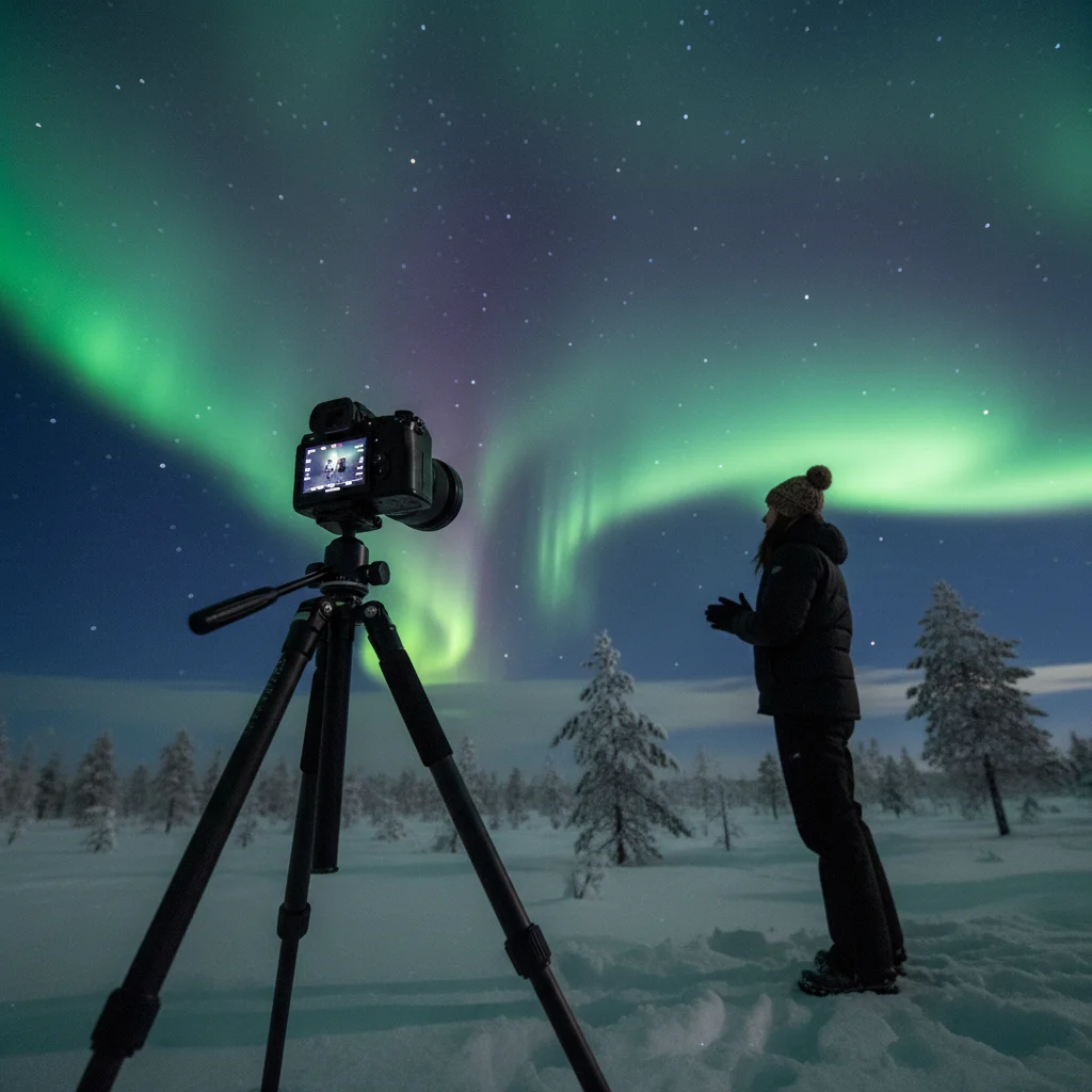 Kamera auf Stativ bei der Nordlichtfotografie in Lappland