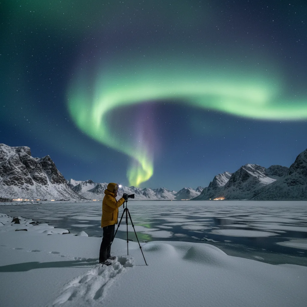 Fotograf mit Kamera auf Stativ fotografiert Nordlichter in der norwegischen Nacht