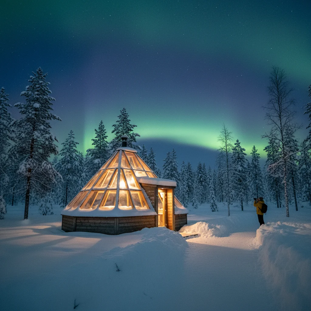 Aurora Cabin aus Holz und Glas in verschneiter finnischer Wildnis