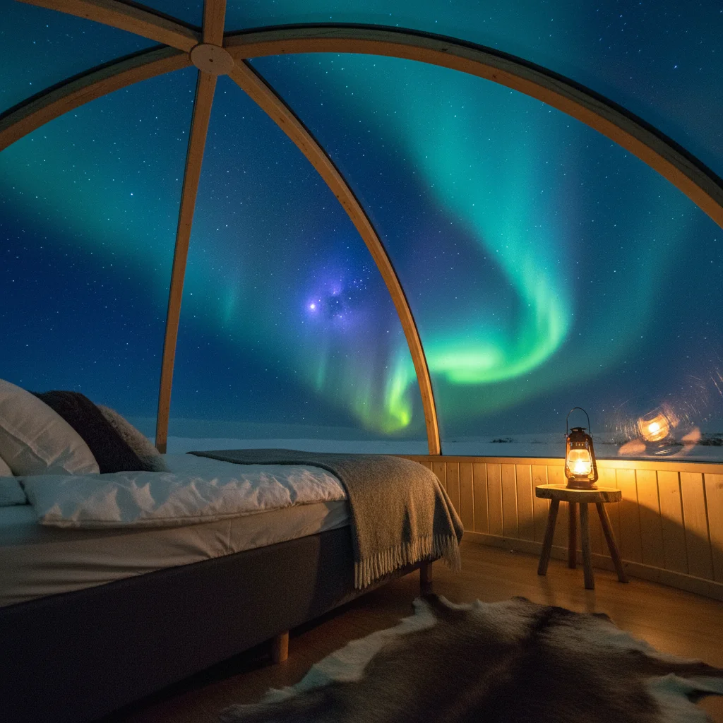 Innenansicht eines Glasiglus mit Bett und Blick auf den Sternenhimmel