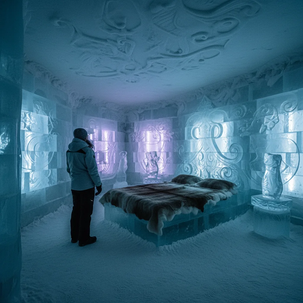 ICEHOTEL in Jukkasjärvi mit kunstvoll gestaltetem Eiszimmer