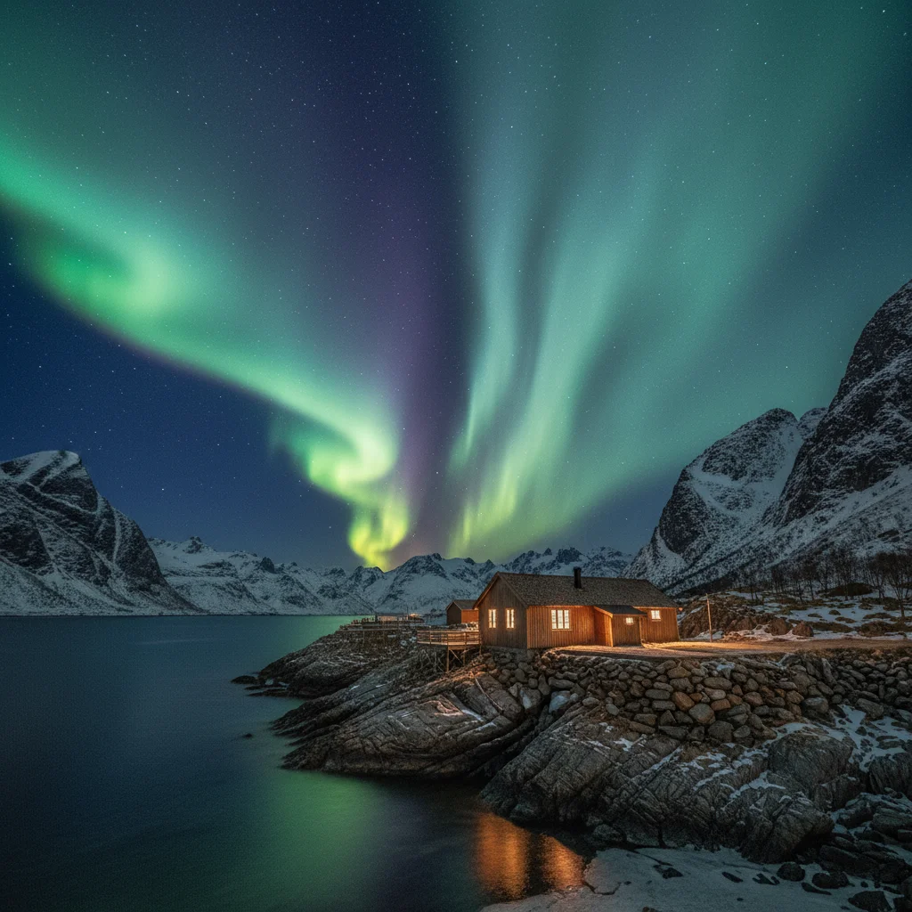 Beleuchtete Lodge an einem norwegischen Fjord mit Nordlichtern am Himmel