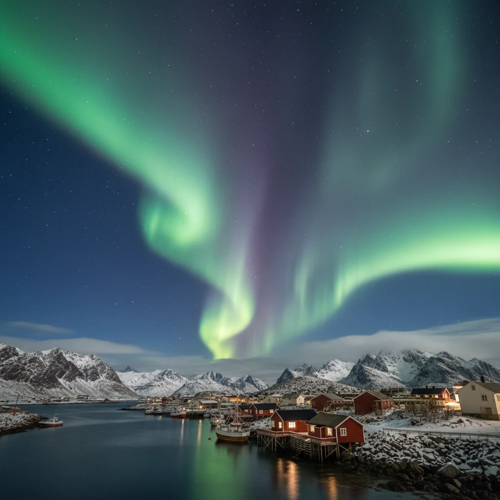 Nordlichter über einem Fischerdorf auf den Lofoten mit roten Rorbuer-Hütten