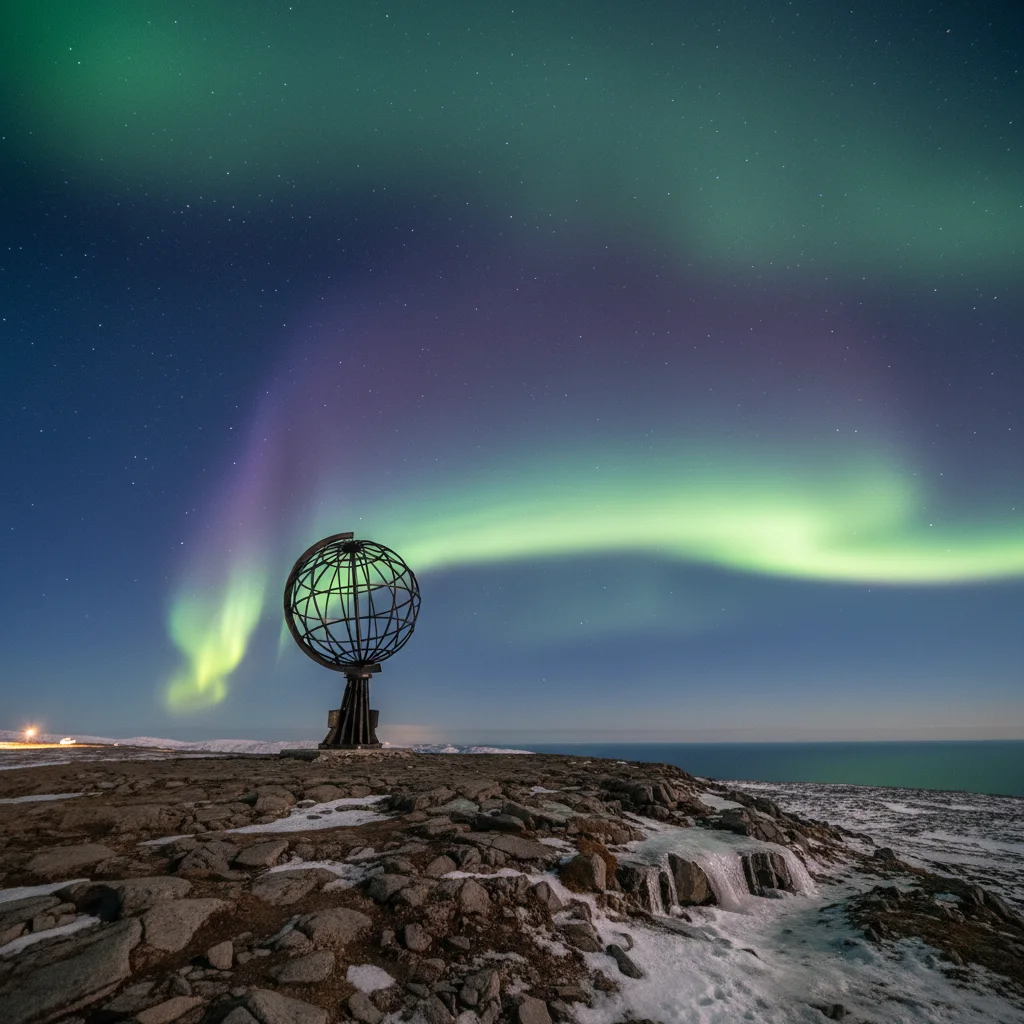 Nordlichter über dem Nordkap-Denkmal am nördlichsten Punkt Europas