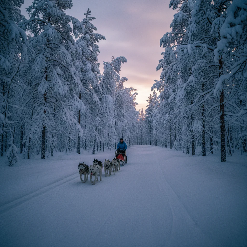 Hundeschlittenfahrt durch verschneiten Wald in Lappland bei Dämmerung