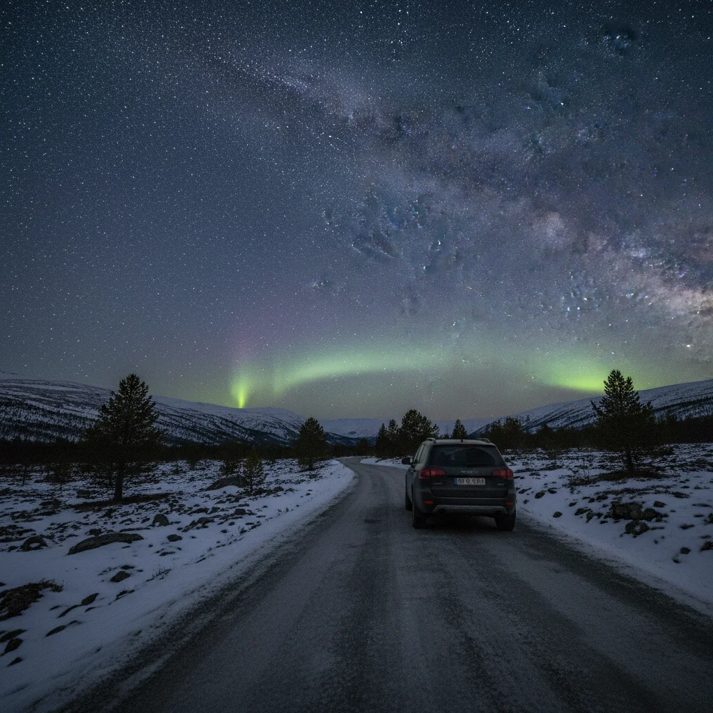 Auto parkt nachts an einer Strasse in Nordnorwegen unter dem Sternenhimmel