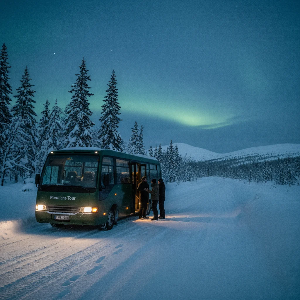 Minibus einer Nordlicht-Tour hält in der verschneiten Wildnis Nordnorwegens