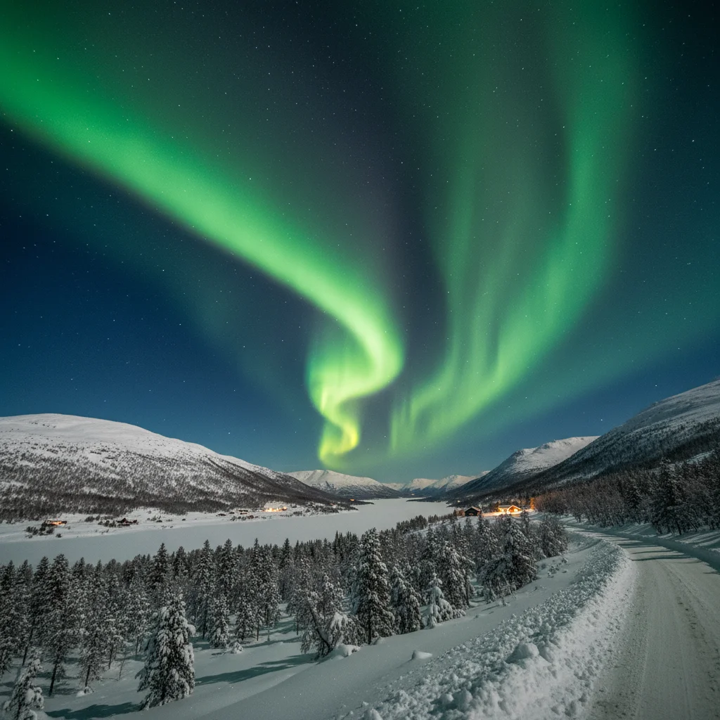Intensives grünes Nordlicht über der verschneiten Landschaft bei Tromsø
