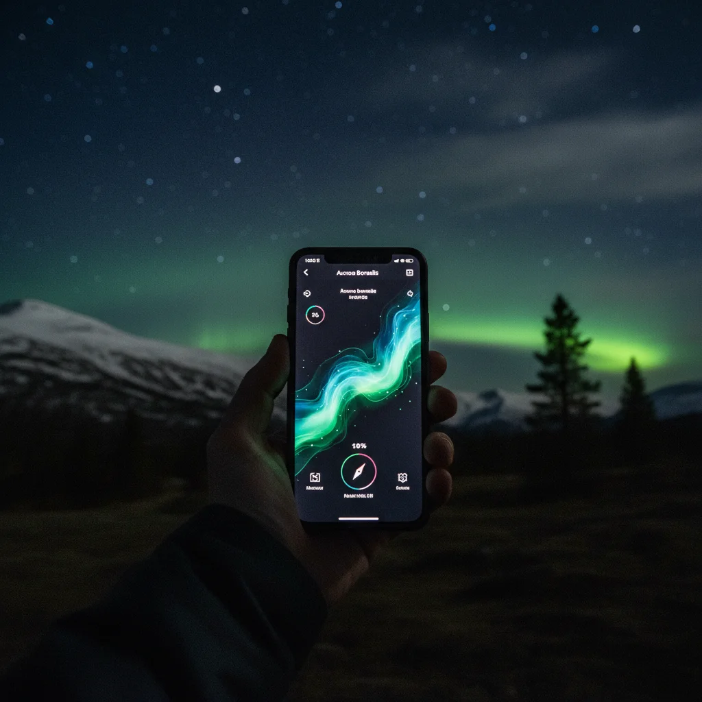 Smartphone-Display mit Aurora-Vorhersage-App vor dunklem Nachthimmel