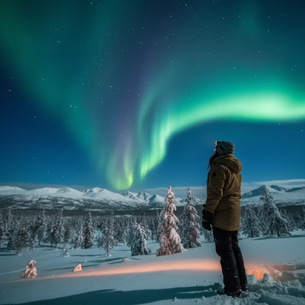 Warm angezogene Person beobachtet Nordlichter in der verschneiten Arktis