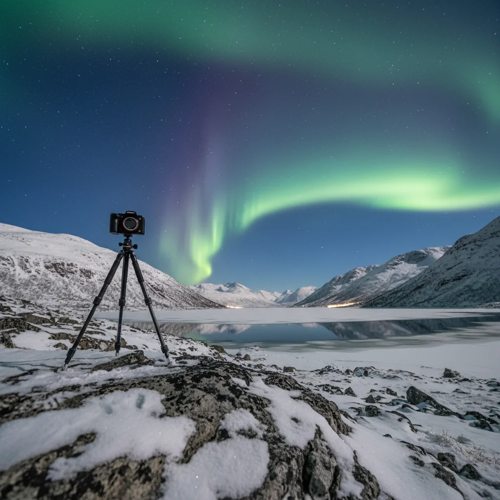 Kamera auf Stativ bei Nacht unter Nordlichtern in der Arktis