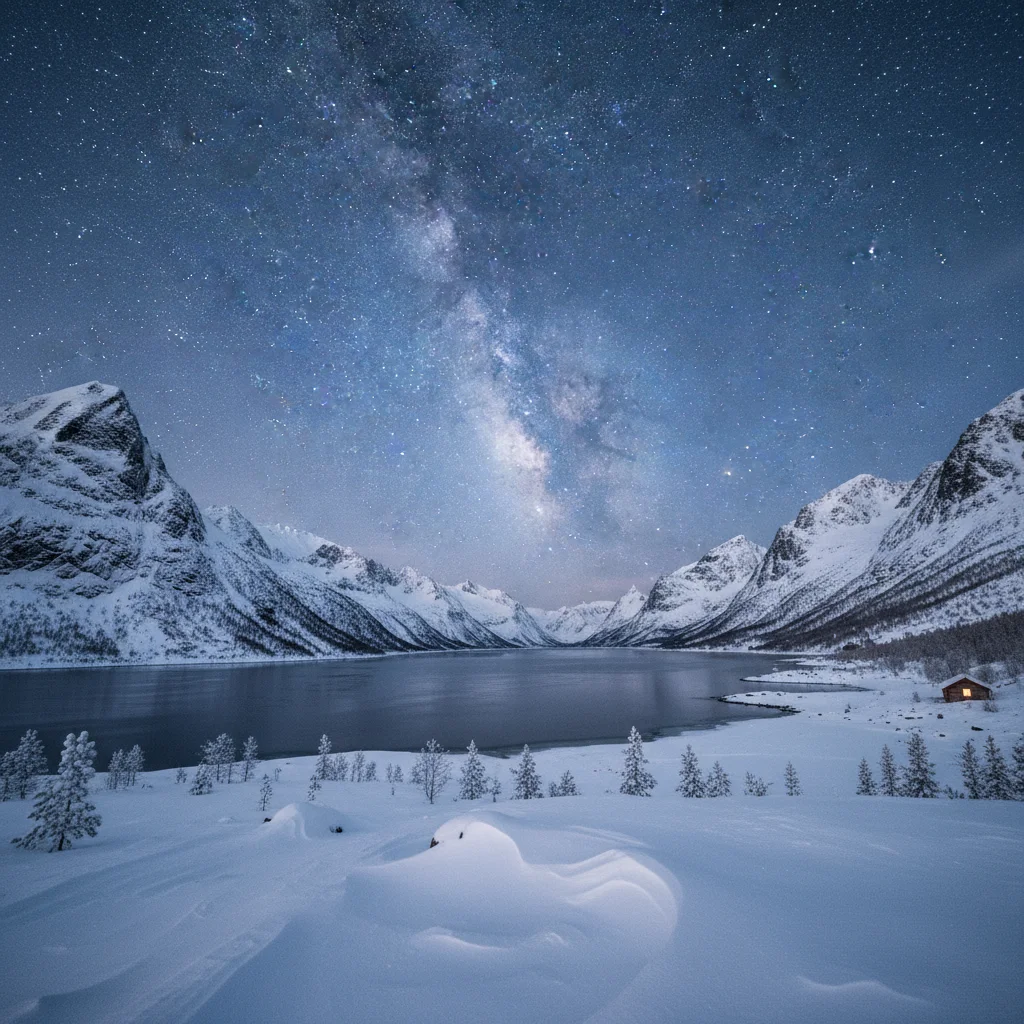Klarer Sternenhimmel über einer verschneiten Fjordlandschaft