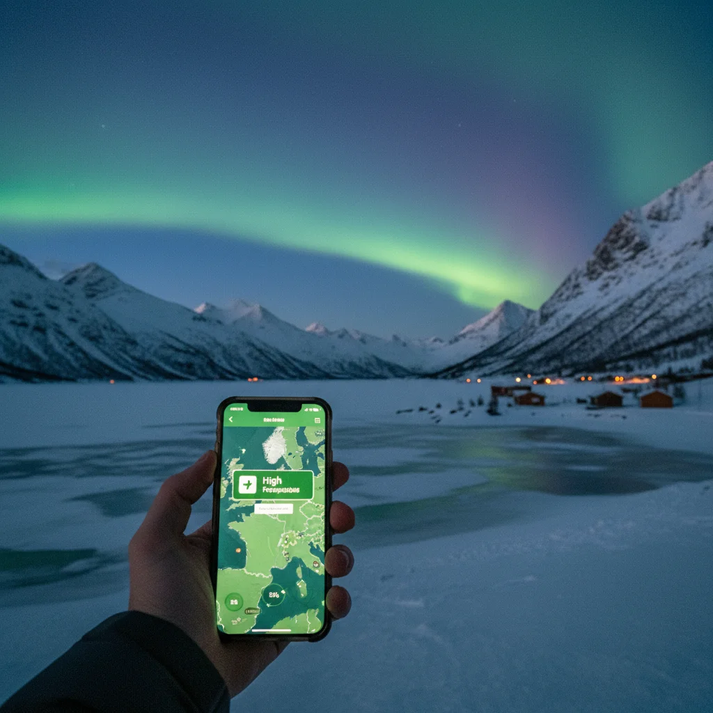Smartphone mit Aurora-Forecast-App zeigt grüne Nordlichtprognose