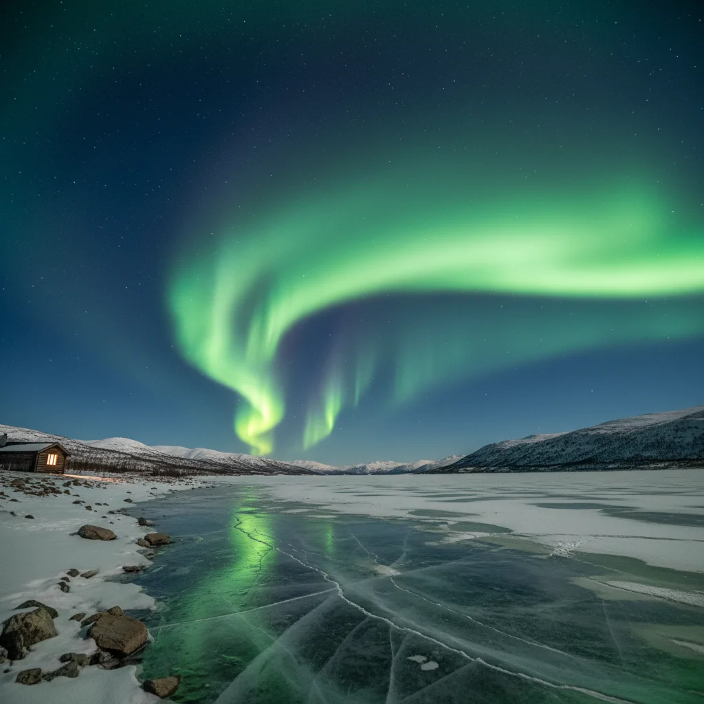 Intensives grünes Nordlicht über dem Torneträsk-See bei Abisko