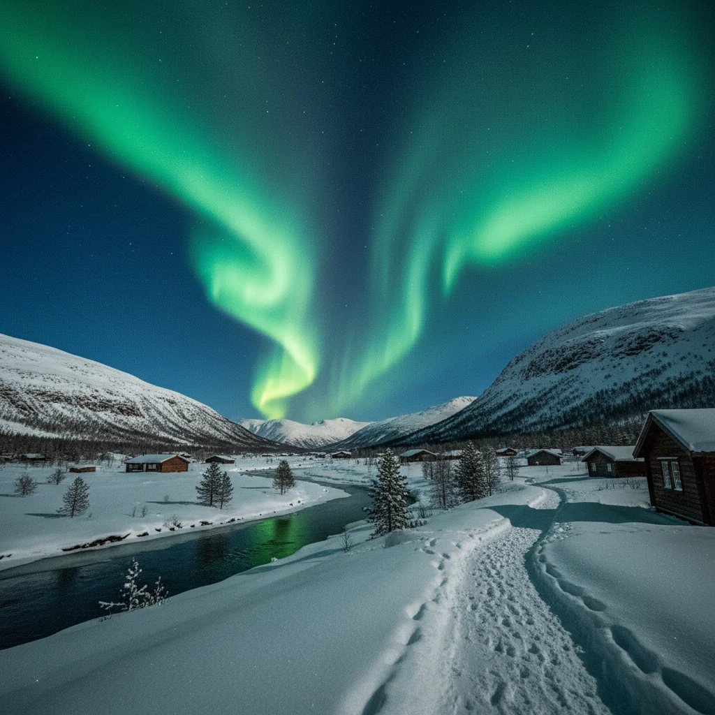 Grüne Nordlichter über der verschneiten Finnmark-Landschaft bei Alta