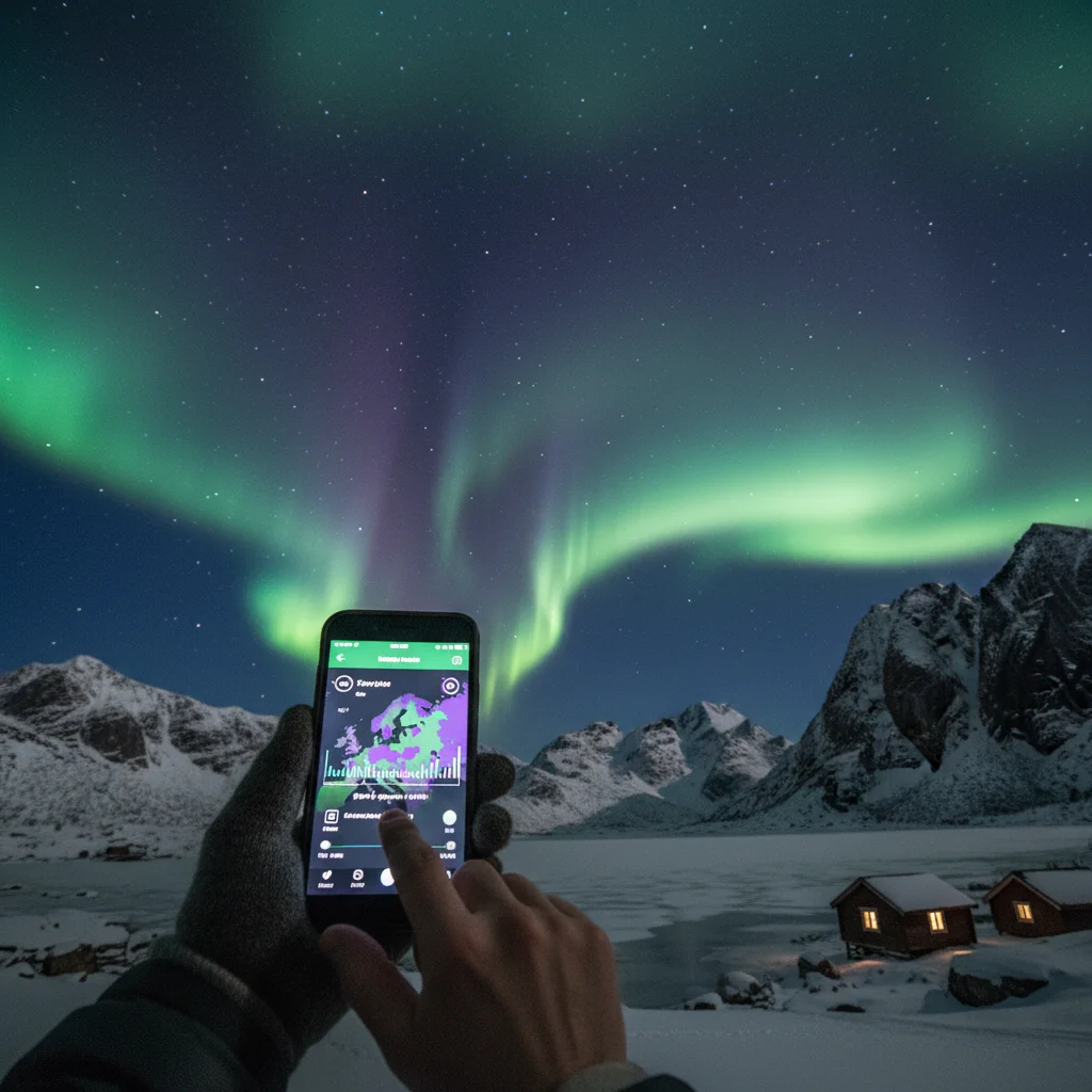 Smartphone mit Nordlicht-Vorhersage-App vor dem Nachthimmel