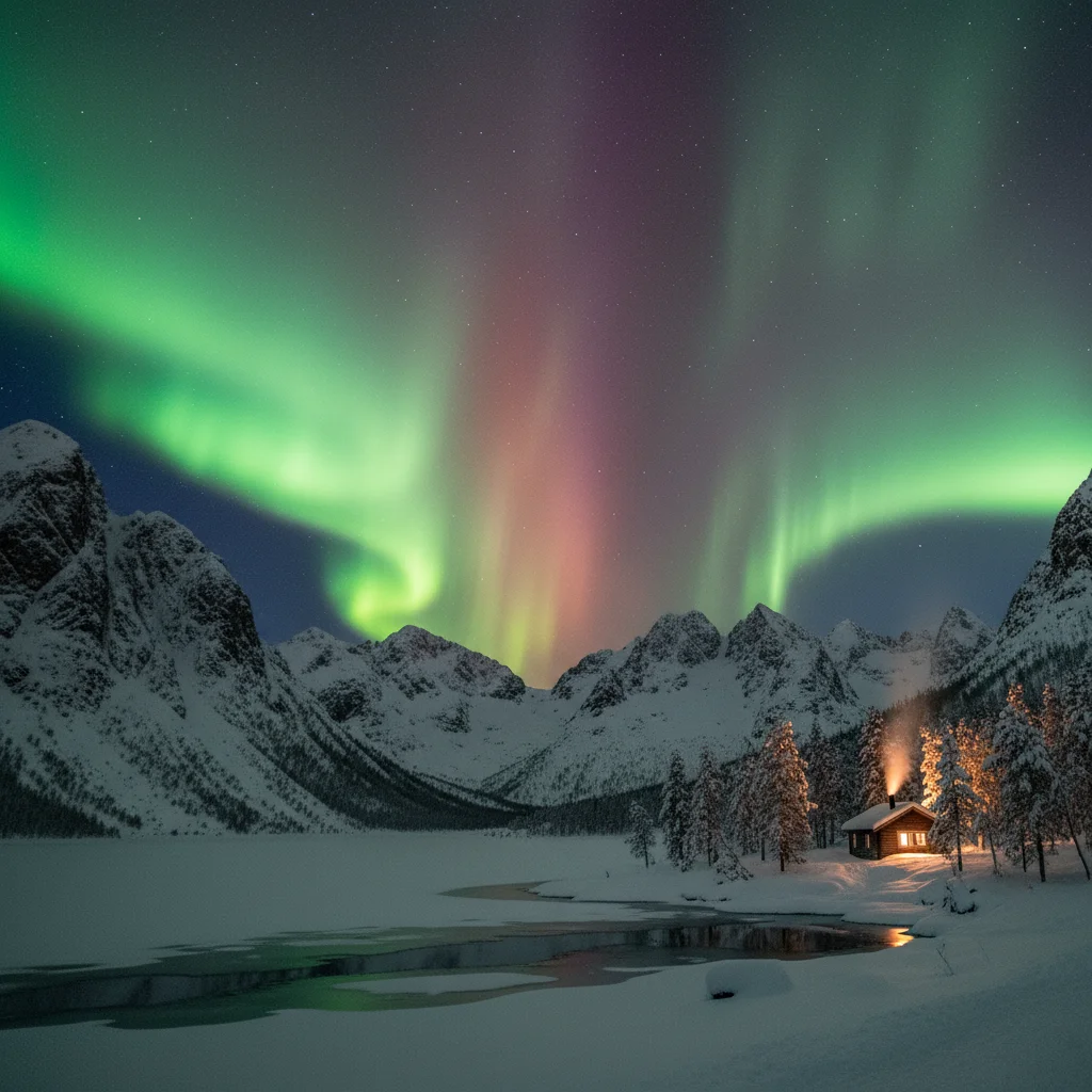 Nordlichter mit grünen, violetten und rötlichen Farbtönen über einer Winterlandschaft