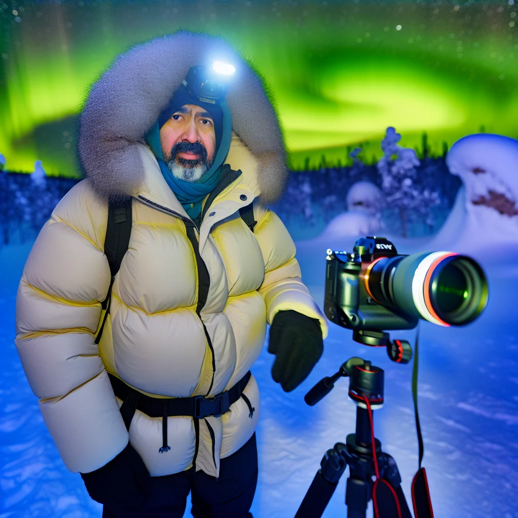 Kamera auf Stativ fotografiert Nordlichter in Finnland