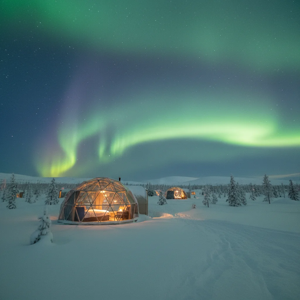 Glasiglu in Finnisch-Lappland unter grünem Polarlicht