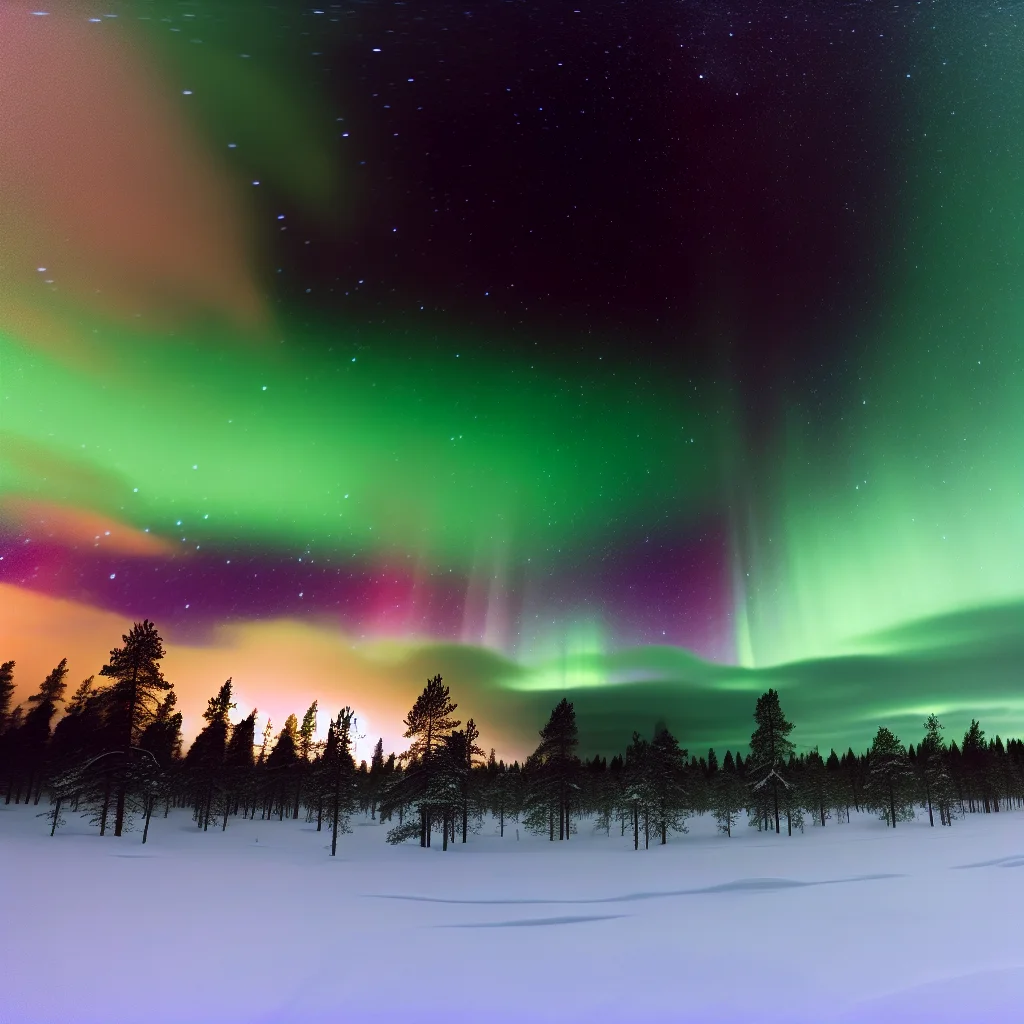Nordlichter am Himmel ueber Finnisch-Lappland