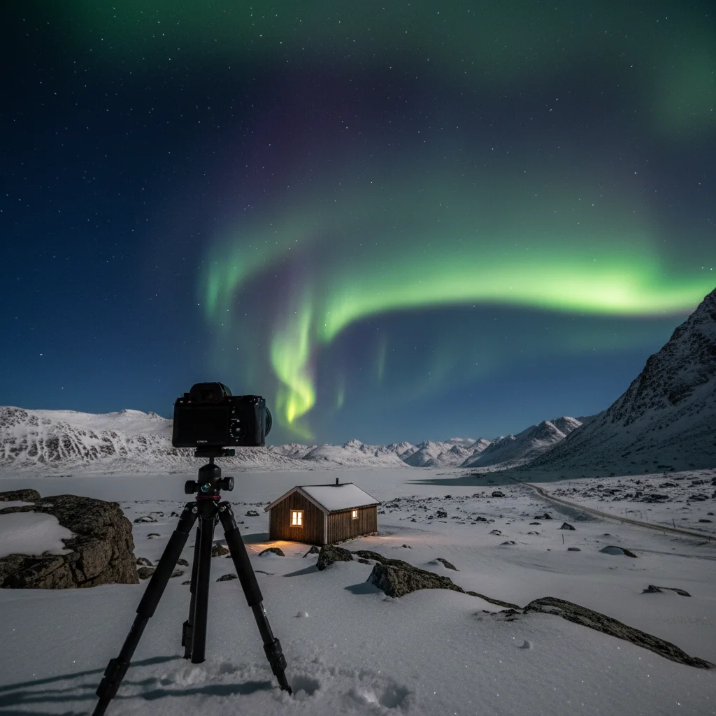 Kamera auf Stativ bei Nacht mit Nordlichtern am Himmel im Hintergrund