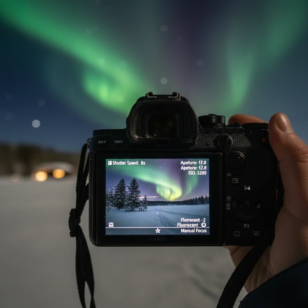 Nahaufnahme eines Kameradisplays mit Nordlicht-Einstellungen bei Nacht
