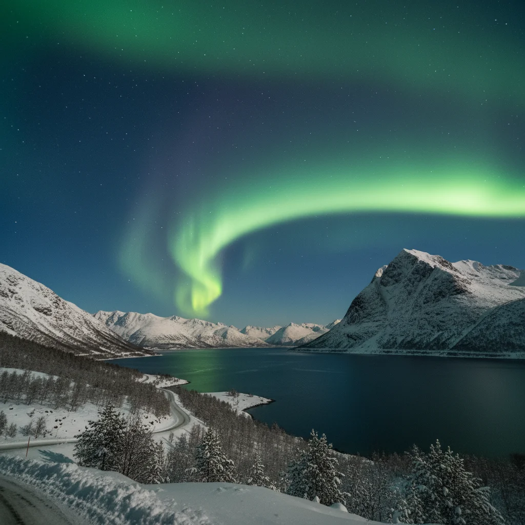 Grüne Nordlichter über einer verschneiten norwegischen Landschaft mit Fjord