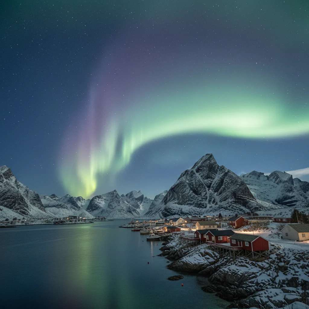 Nordlichter über dem Fischerdorf Reine auf den Lofoten, Norwegen