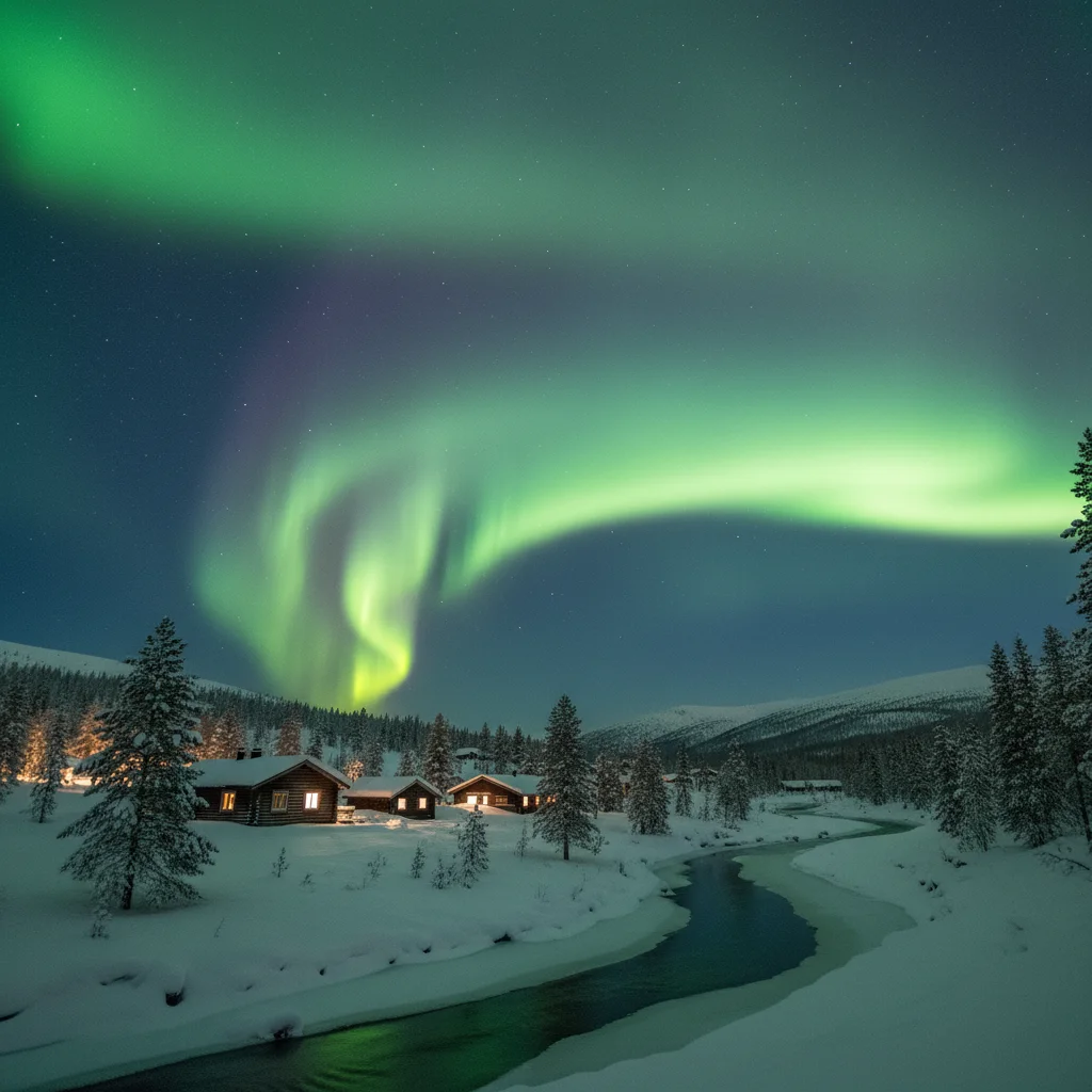 Grüne Nordlichtbänder über einer verschneiten Landschaft in Lappland