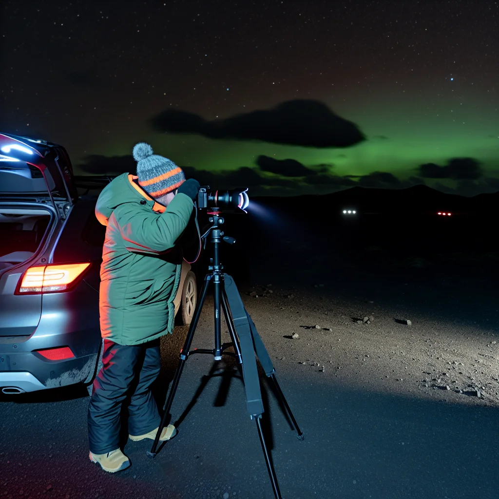 Fotograf mit Stativ beim Fotografieren von Nordlichtern in Island