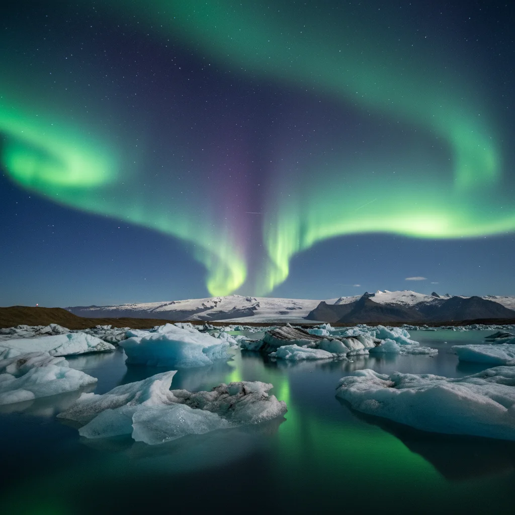 Nordlichter über der Jökulsarlon-Gletscherlagune in Island mit treibenden Eisbergen