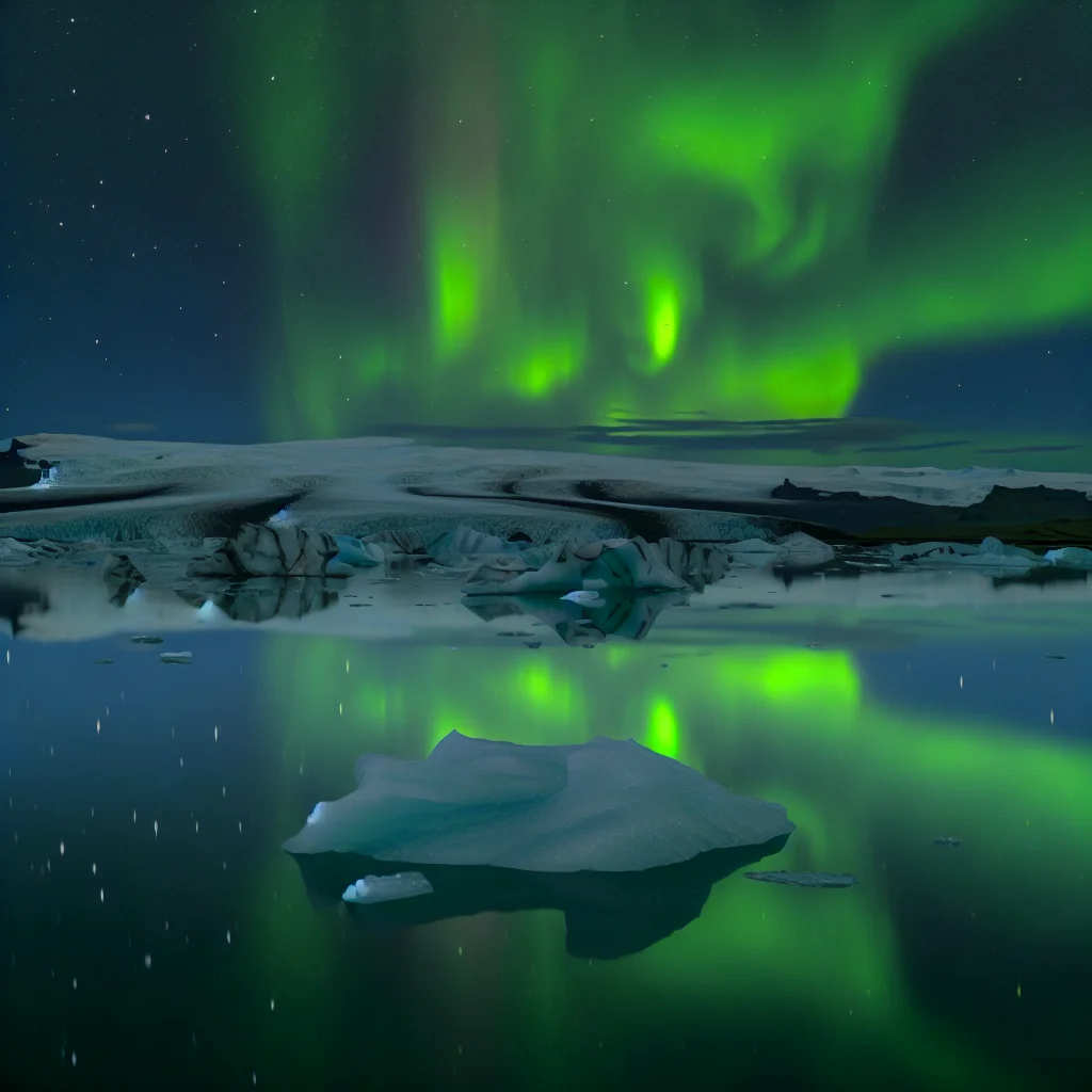 Nordlichter über der Jökulsárlón Gletscherlagune mit treibenden Eisbergen