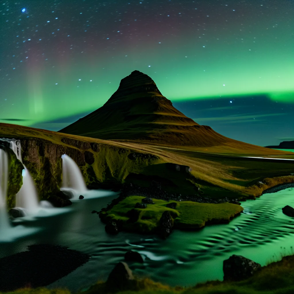 Nordlichter über dem Berg Kirkjufell auf der Snæfellsnes-Halbinsel