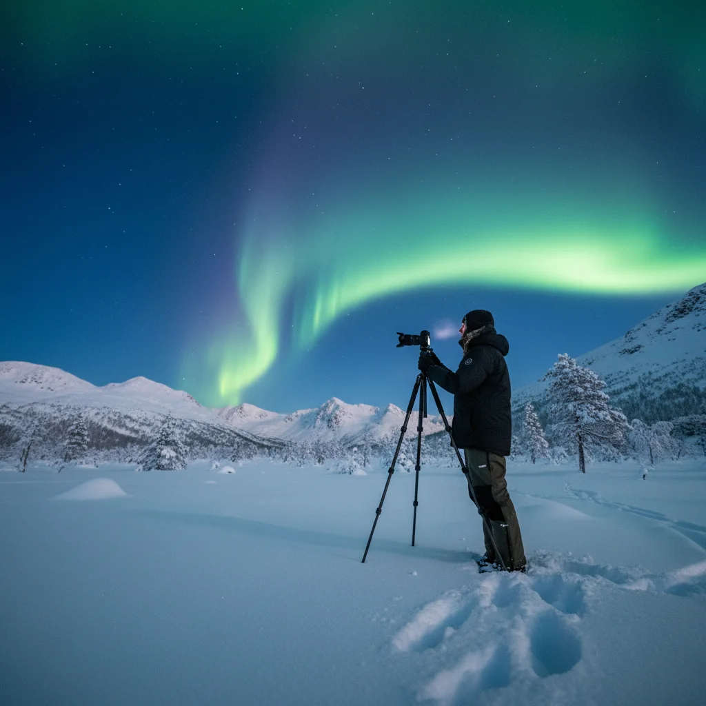 Fotograf mit Stativ fotografiert Nordlichter in einer verschneiten Winterlandschaft